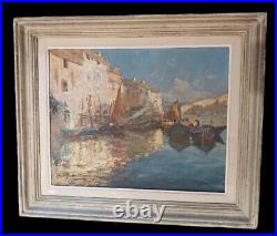 Painting Port Oil Marina Boats Original Signed Antique Impressionism Framed Rare