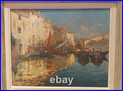 Painting Port Oil Marina Boats Original Signed Antique Impressionism Framed Rare