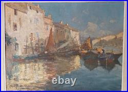 Painting Port Oil Marina Boats Original Signed Antique Impressionism Framed Rare