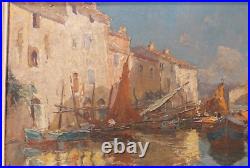 Painting Port Oil Marina Boats Original Signed Antique Impressionism Framed Rare