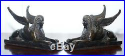 Pair Rare Early 19th Century Italian Grand Tour Solid Bronze Winged Sphinxes