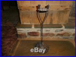 RARE 18th C OLD EARLY LIGHTING WROUGHT IRON CANDLE HOLDER STAND BURL WOOD BASE