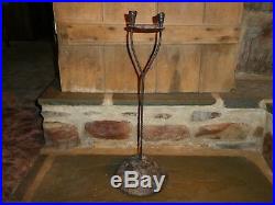 RARE 18th C OLD EARLY LIGHTING WROUGHT IRON CANDLE HOLDER STAND BURL WOOD BASE