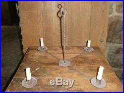 RARE 18th C OLD ORIGINAL PRIMITIVE EARLY WROUGHT IRON HANGING CANDLE CHANDELIER
