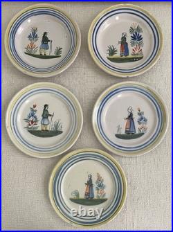 RARE ANTIQUE 1800's & Early 1900's Quimper HENRIOT Set 5 Bread Plates FRANCE