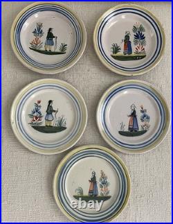 RARE ANTIQUE 1800's & Early 1900's Quimper HENRIOT Set 5 Bread Plates FRANCE