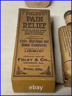 RARE ANTIQUE BOTTLE FOLEY'S PAIN RELIEF Early pharmaceutical elixir with box