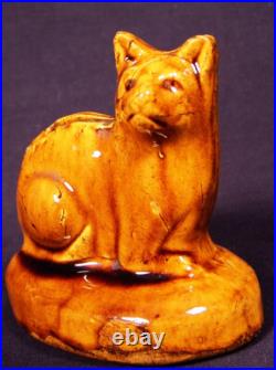 RARE ANTIQUE EARLY 1800s SEATED CAT BANK ROCKINGHAM GLAZE YELLOW WARE