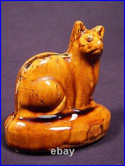 RARE ANTIQUE EARLY 1800s SEATED CAT BANK ROCKINGHAM GLAZE YELLOW WARE