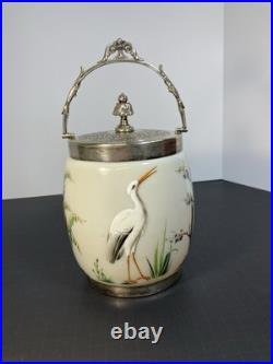 RARE ANTIQUE EARLY AMERICAN OPALINE GLASS BISCUIT JAR With HAND PAINTED HERONS RARE ANTIQUE EARLY AMERICAN OPALINE GLASS BISCUIT JAR With HAND PAINTED HERONS