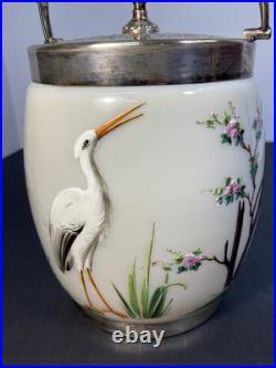 RARE ANTIQUE EARLY AMERICAN OPALINE GLASS BISCUIT JAR With HAND PAINTED HERONS