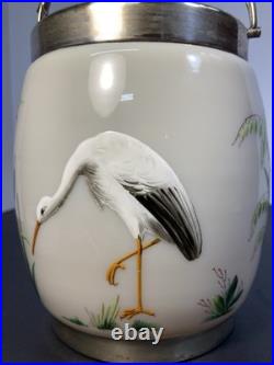 RARE ANTIQUE EARLY AMERICAN OPALINE GLASS BISCUIT JAR With HAND PAINTED HERONS