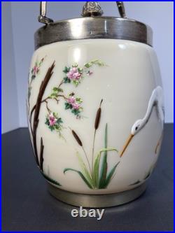 RARE ANTIQUE EARLY AMERICAN OPALINE GLASS BISCUIT JAR With HAND PAINTED HERONS