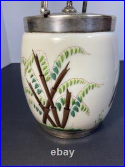 RARE ANTIQUE EARLY AMERICAN OPALINE GLASS BISCUIT JAR With HAND PAINTED HERONS
