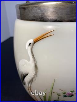 RARE ANTIQUE EARLY AMERICAN OPALINE GLASS BISCUIT JAR With HAND PAINTED HERONS