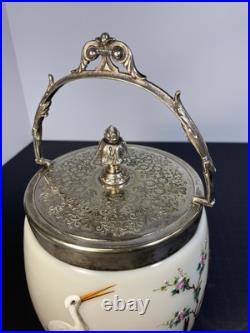 RARE ANTIQUE EARLY AMERICAN OPALINE GLASS BISCUIT JAR With HAND PAINTED HERONS