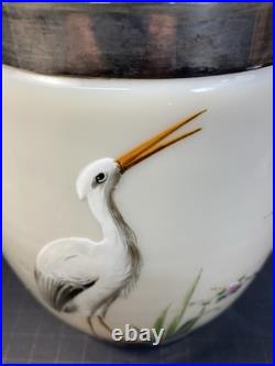 RARE ANTIQUE EARLY AMERICAN OPALINE GLASS BISCUIT JAR With HAND PAINTED HERONS