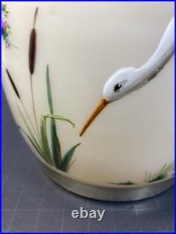 RARE ANTIQUE EARLY AMERICAN OPALINE GLASS BISCUIT JAR With HAND PAINTED HERONS