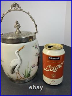 RARE ANTIQUE EARLY AMERICAN OPALINE GLASS BISCUIT JAR With HAND PAINTED HERONS