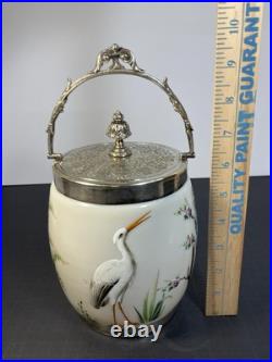 RARE ANTIQUE EARLY AMERICAN OPALINE GLASS BISCUIT JAR With HAND PAINTED HERONS