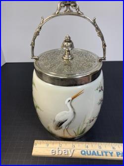 RARE ANTIQUE EARLY AMERICAN OPALINE GLASS BISCUIT JAR With HAND PAINTED HERONS