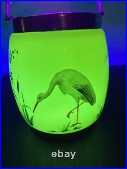 RARE ANTIQUE EARLY AMERICAN OPALINE GLASS BISCUIT JAR With HAND PAINTED HERONS