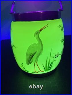RARE ANTIQUE EARLY AMERICAN OPALINE GLASS BISCUIT JAR With HAND PAINTED HERONS