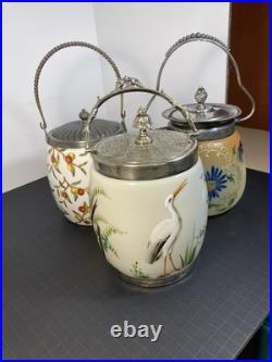 RARE ANTIQUE EARLY AMERICAN OPALINE GLASS BISCUIT JAR With HAND PAINTED HERONS
