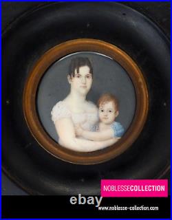 RARE ANTIQUE Early 1800s FRENCH MINIATURE HAND PAINTED MOTHER AND CHILD PORTRAIT