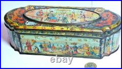 RARE ANTIQUE HUNTLEY&PALMERS EARLY BISCUIT TIN BOXORIENTAL CHINESE DRAGONS etc