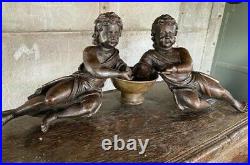 RARE ANTIQUE PAIR 17th C Early Oak Hand Carved Cherubs Figures Wood