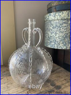 RARE! Antique 18th C Early Dutch Blown Glass Decanter Open Pontil Etched Birds
