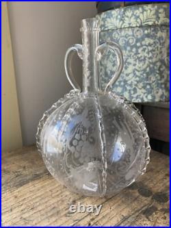 RARE! Antique 18th C Early Dutch Blown Glass Decanter Open Pontil Etched Birds