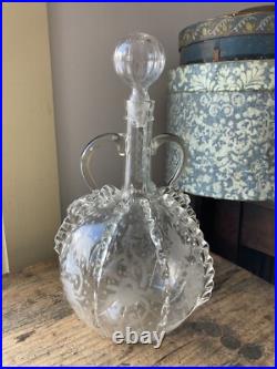 RARE! Antique 18th C Early Dutch Glass Decanter Open Pontil Engraved Birds