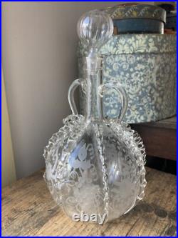 RARE! Antique 18th C Early Dutch Glass Decanter Open Pontil Engraved Birds