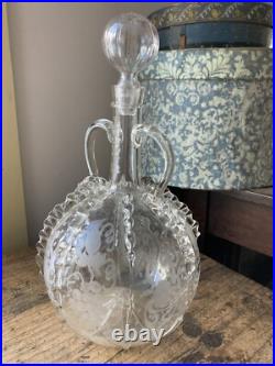 RARE! Antique 18th C Early Dutch Glass Decanter Open Pontil Engraved Birds