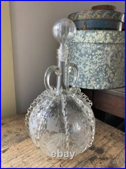 RARE! Antique 18th C Early Dutch Glass Decanter Open Pontil Engraved Birds