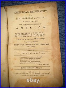 RARE Antique Book 1794 Belknap American Biography Boston Vol 1 Only Early VTG RARE Antique Book 1794 Belknap American Biography Boston Vol 1 Only Early VTG