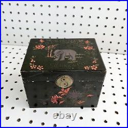 RARE Antique Canton China Tack Kee & Co Wood Tea Box Caddy Elephant Floral Black