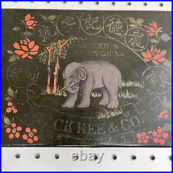 RARE Antique Canton China Tack Kee & Co Wood Tea Box Caddy Elephant Floral Black