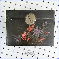 RARE Antique Canton China Tack Kee & Co Wood Tea Box Caddy Elephant Floral Black