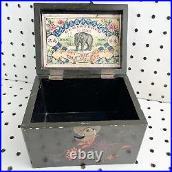 RARE Antique Canton China Tack Kee & Co Wood Tea Box Caddy Elephant Floral Black