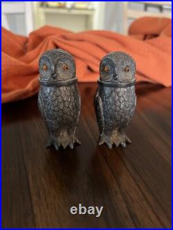 RARE Antique Early 1900s Pewter Owl Salt & Pepper Shaker Glass Eyes