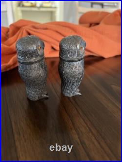 RARE Antique Early 1900s Pewter Owl Salt & Pepper Shaker Glass Eyes