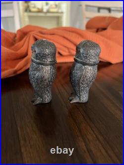 RARE Antique Early 1900s Pewter Owl Salt & Pepper Shaker Glass Eyes