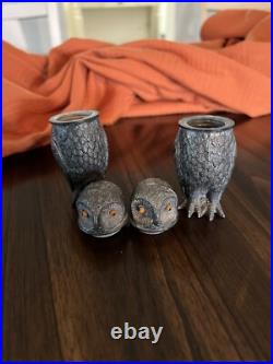 RARE Antique Early 1900s Pewter Owl Salt & Pepper Shaker Glass Eyes
