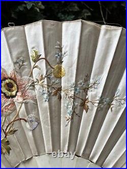 RARE Antique Early Victorian Hand Embroidered Hand Fan