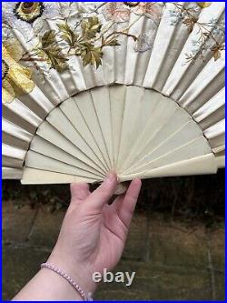 RARE Antique Early Victorian Hand Embroidered Hand Fan