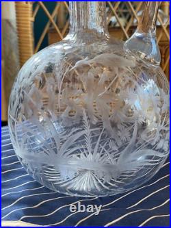 RARE Antique Engraved Whiskey Decanter & Stopper Glass Bottle Early American