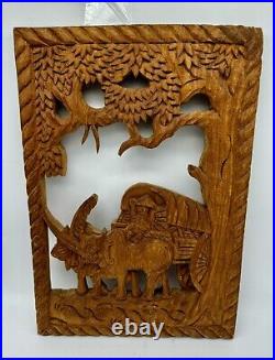 RARE Antique Japanese Hand Carved Wall Hanging Wood Panel Wagon Oxen